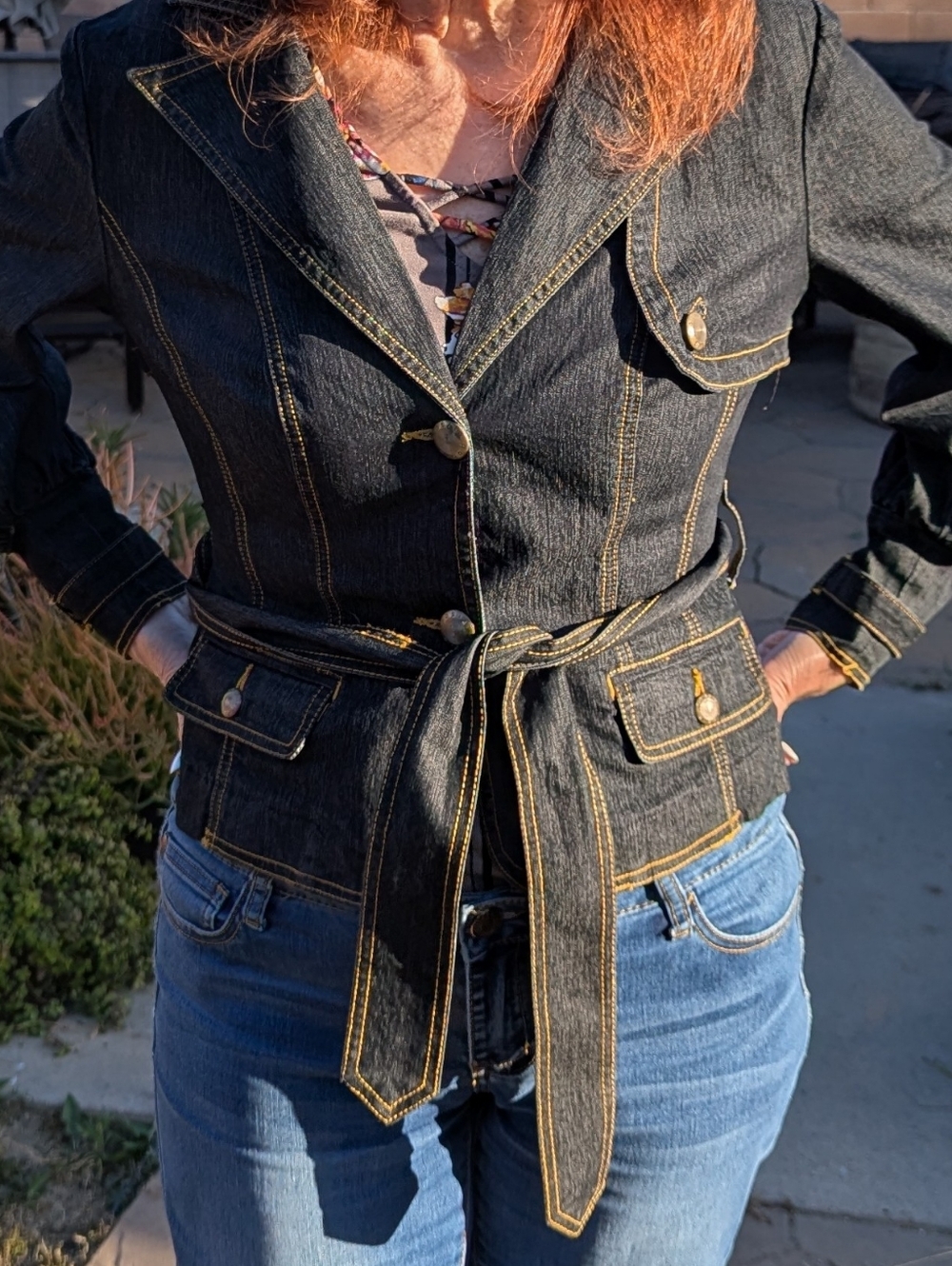 Bisou Bisou Dark Wash Blue Denim Belted Blazer Jacket - Size Medium